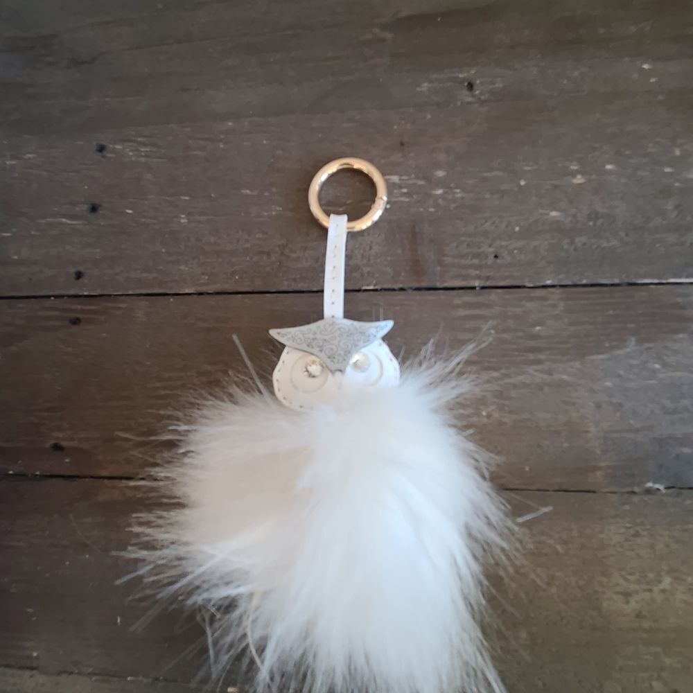 Fluffy Owl Leather Bag Charm Keychain with Jewel Eyes New